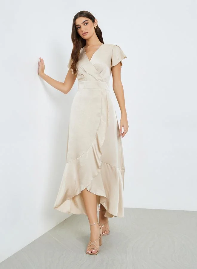 Styli Women Cream Satin Wrap Maxi Dress